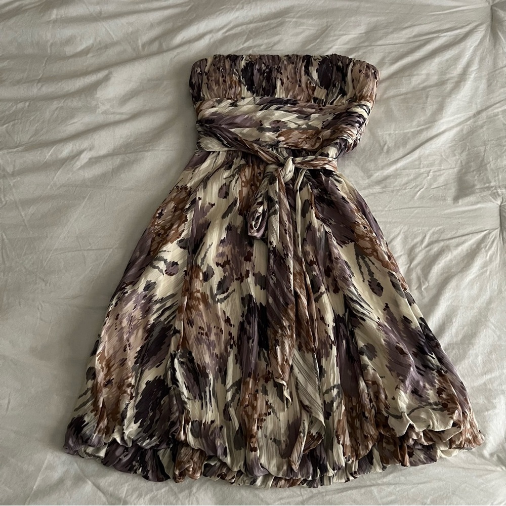 BCBGMaxAzria Strapless Dress in Cream, Brown, and Purple